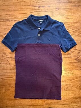 Express Men's Navy and Burgundy Two-Tone Polo